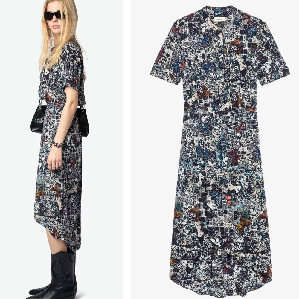 Zadig & Voltaire Rimaz Soft Butterflies Short Sleeve Asymmetrical Midi Dress NEW - Picture 6 of 14